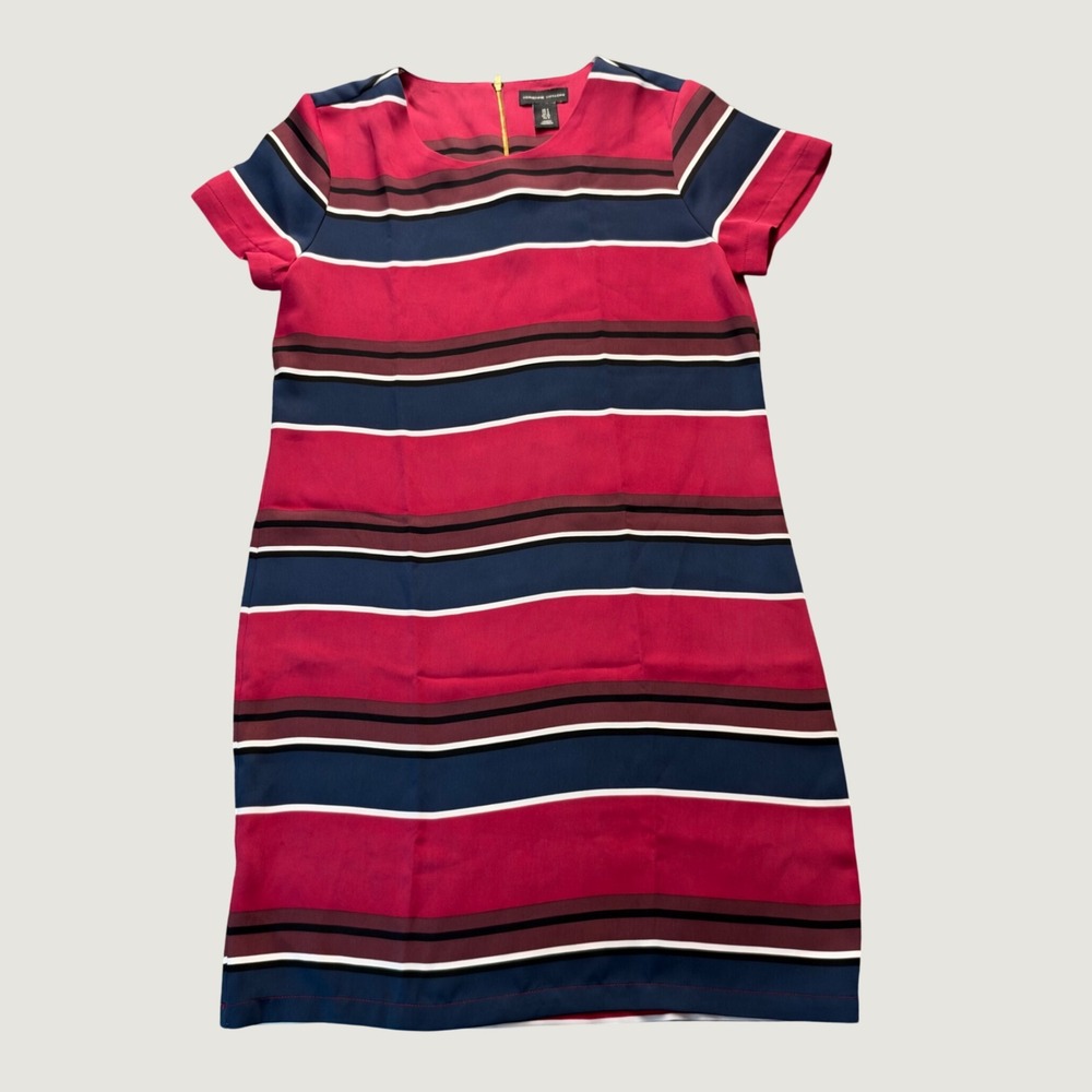 Adrienne Vittadini Striped Shift Dress 4 Short Sleeve Zipper Back Red Navy Blue